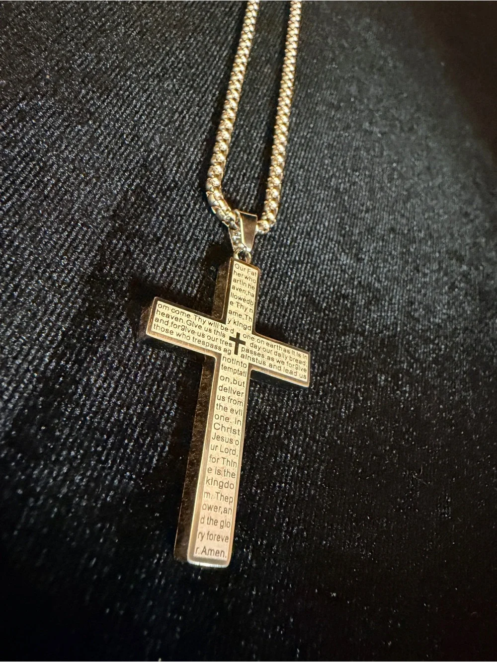 Lord’s Prayer Stainless Steel Cross Pendant w/ 24in white gold filled Cube chain
